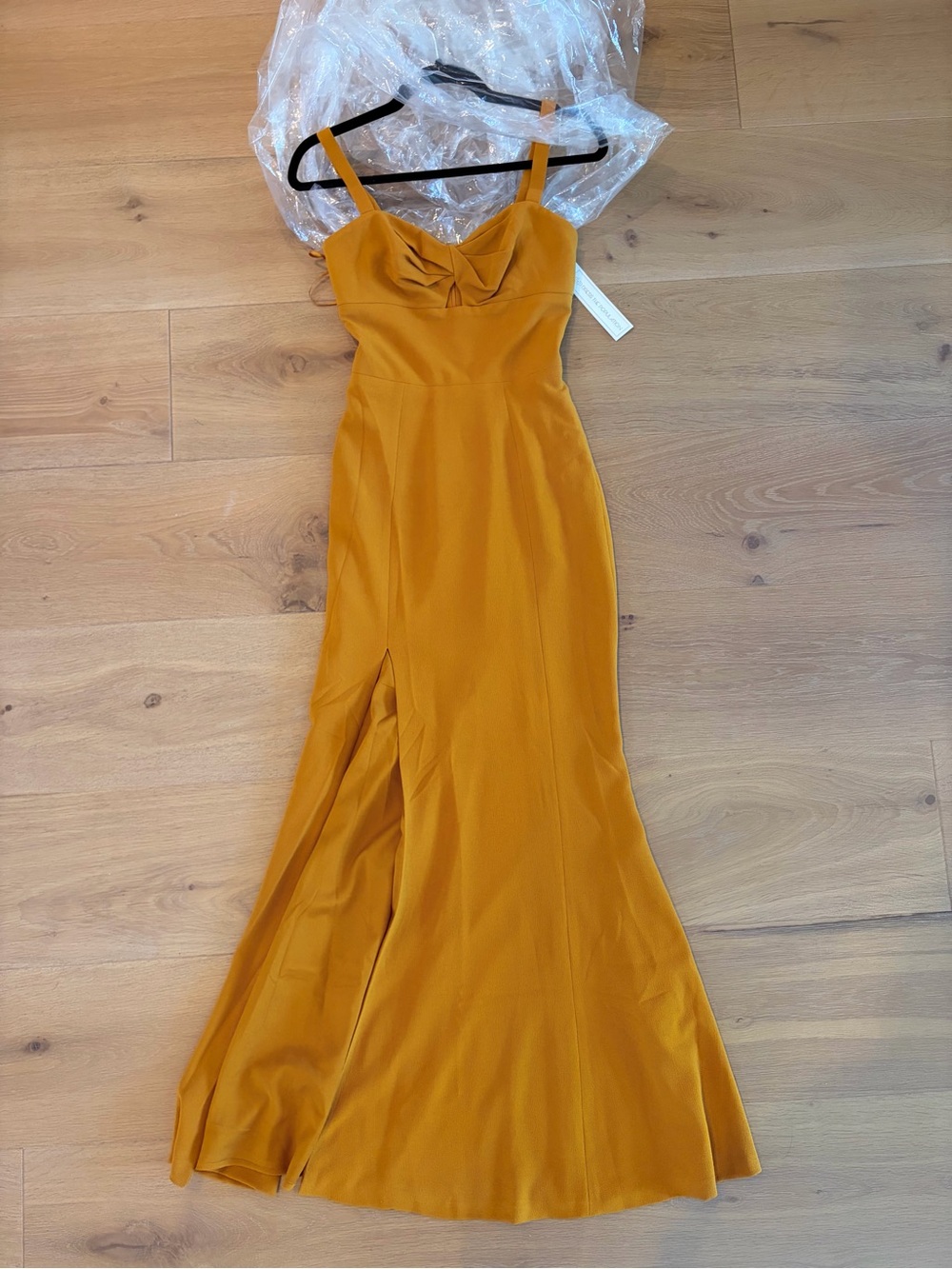 NWT Dress the Population Brooke Gold Hourglass Maxi Dress with Thigh High Slit